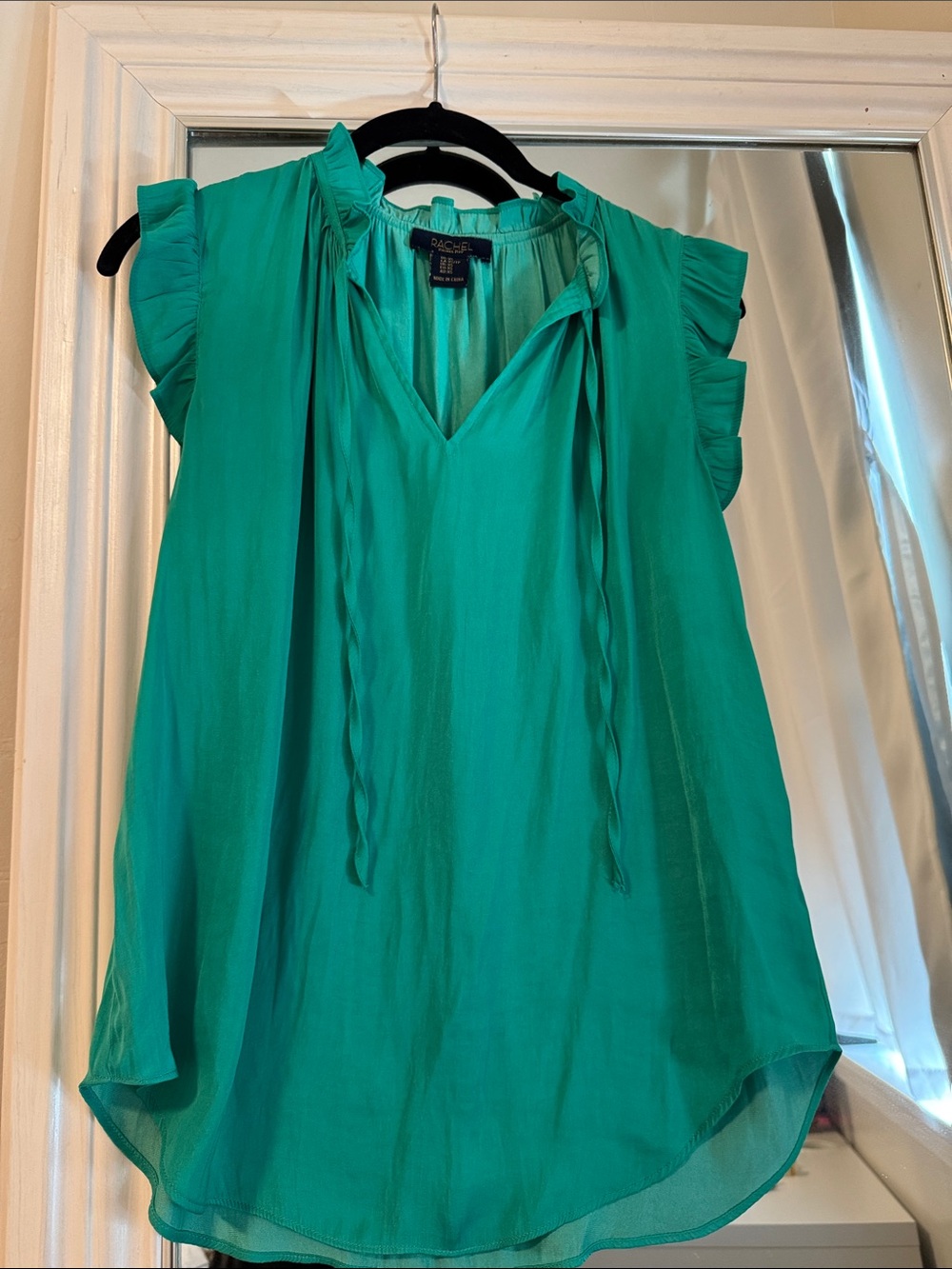Rachel Zoe Emerald Green Ruffle Sleeve Tie-Neck Blouse